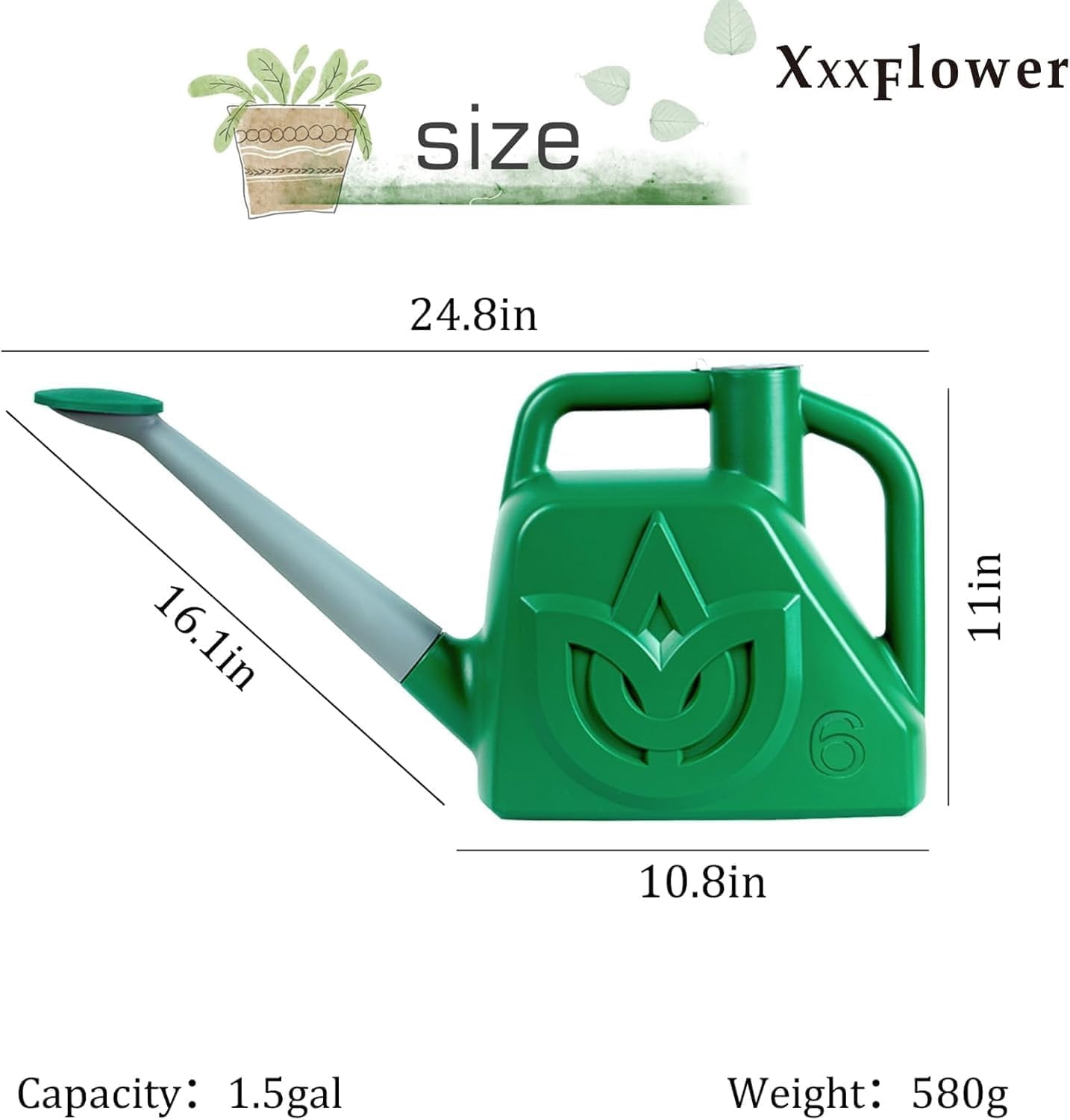 1.5 Gallon Green Watering Can Outdoor Garden Flower Plant, Lightweight 6 L Water Cans with Detachable Nozzle Watering Pot for Office House Garden