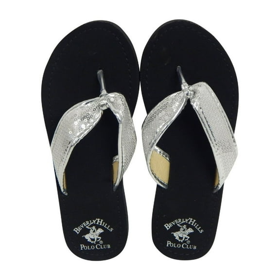 Beverly Hills Polo Club Fara Adult Women Sequin Flip Flop Sandal Thong (Silver Size 6)