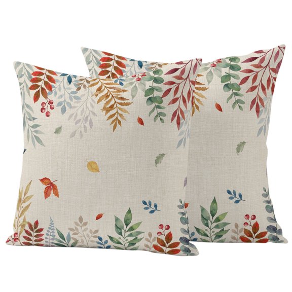 Colorful Leaves Fall Outdoor Waterproof Pillow Covers, Autumn Botanical Vintage Farmhouse Decorative Square Throw Pillowcase Sofa Cushion Sham for Patio/Couch/Chair, 16"x16" 2 Pack
