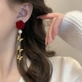 thumbnail image 4 of Momihoom Red Bow Earrings Gold Red Ribbons Bow Flowers Long Tassel Drop Dangle Earrings Dainty Rose Pearl pendant Stud Earrings Velvet Hypoallergenic Pierced Earrings Jewelry Gifts for Women, 4 of 6