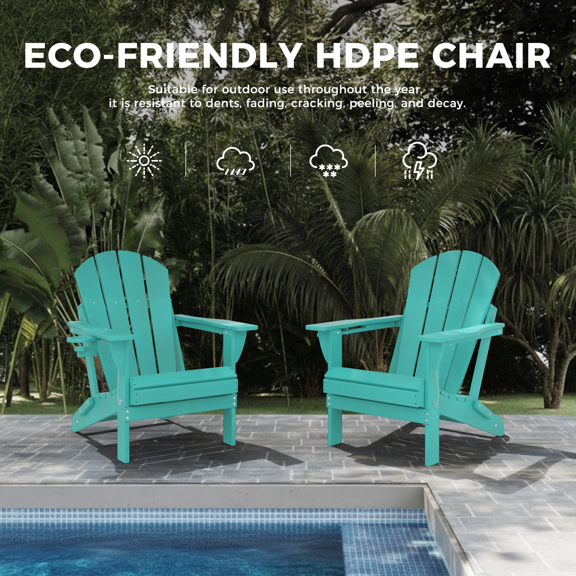 Folding Adirondack Chair Set of 2, HDPE All-Weather Outdoor Patio & Firepit Chair with Ergonomic Extended Backrest & Cup Holder, Low Maintenance, Aqua