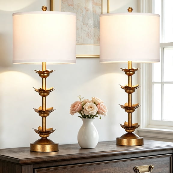 Lolikit Farmhouse Gold Table Lamp Set of 2 for Living Room Bedroom 30" Tall Retro Buffet Nightstand Bedside Lamps with Metal Lotus‑Petal Layers,White Shade,Bulbs Included