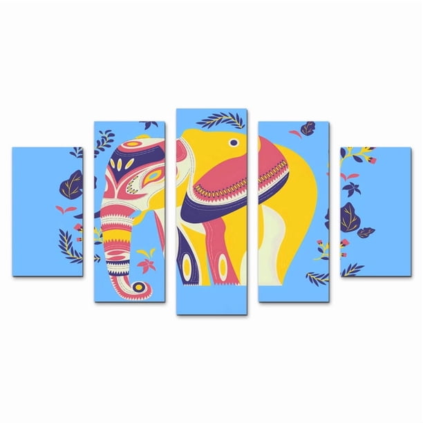 Cuadro Decorativo Elefante Geométrico Amarillo Juego De 5 Piezas 150x80cm Ideal Para Sala Oficina Comedor Decoración Moderna