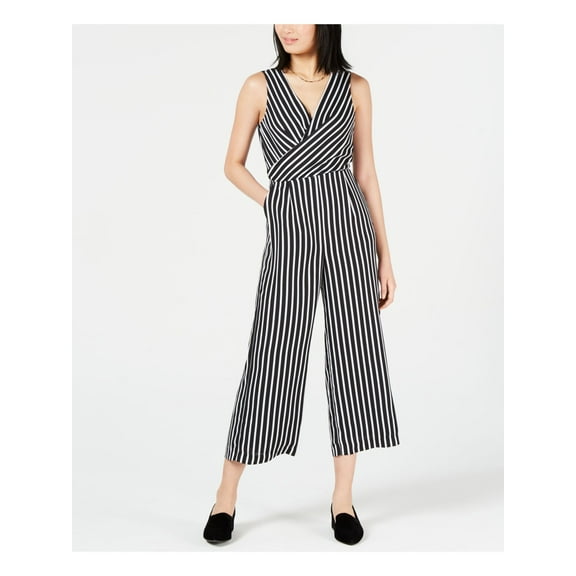 MAISON JULES $89 Womens New Black Striped Zippered Wide Leg Jumpsuit 10 B B