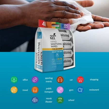 ArtNaturals Hand Sanitizing Wipes Travel Size Alcohol-Based Unscented (4 Pack x 50 Pieces)