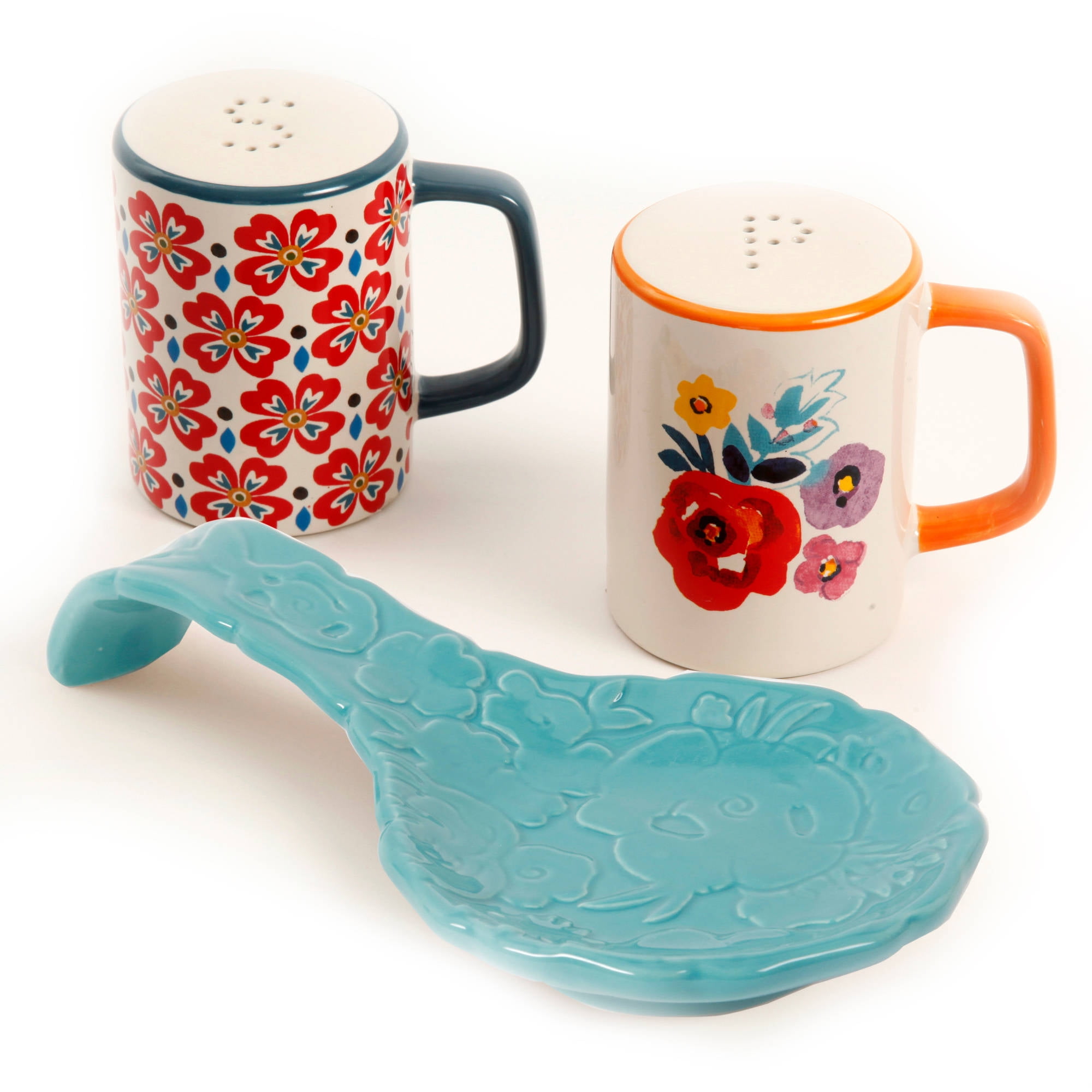 The Pioneer Woman Flea Market Floral Spoon Rest and Salt & Pepper Shaker  Set, Turquoise