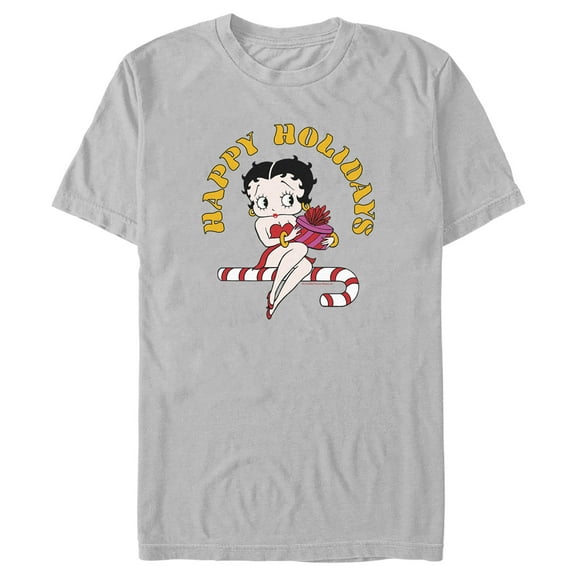 Men's Betty Boop Happy Holidays Candy Cane  Graphic Tee Silver Large
