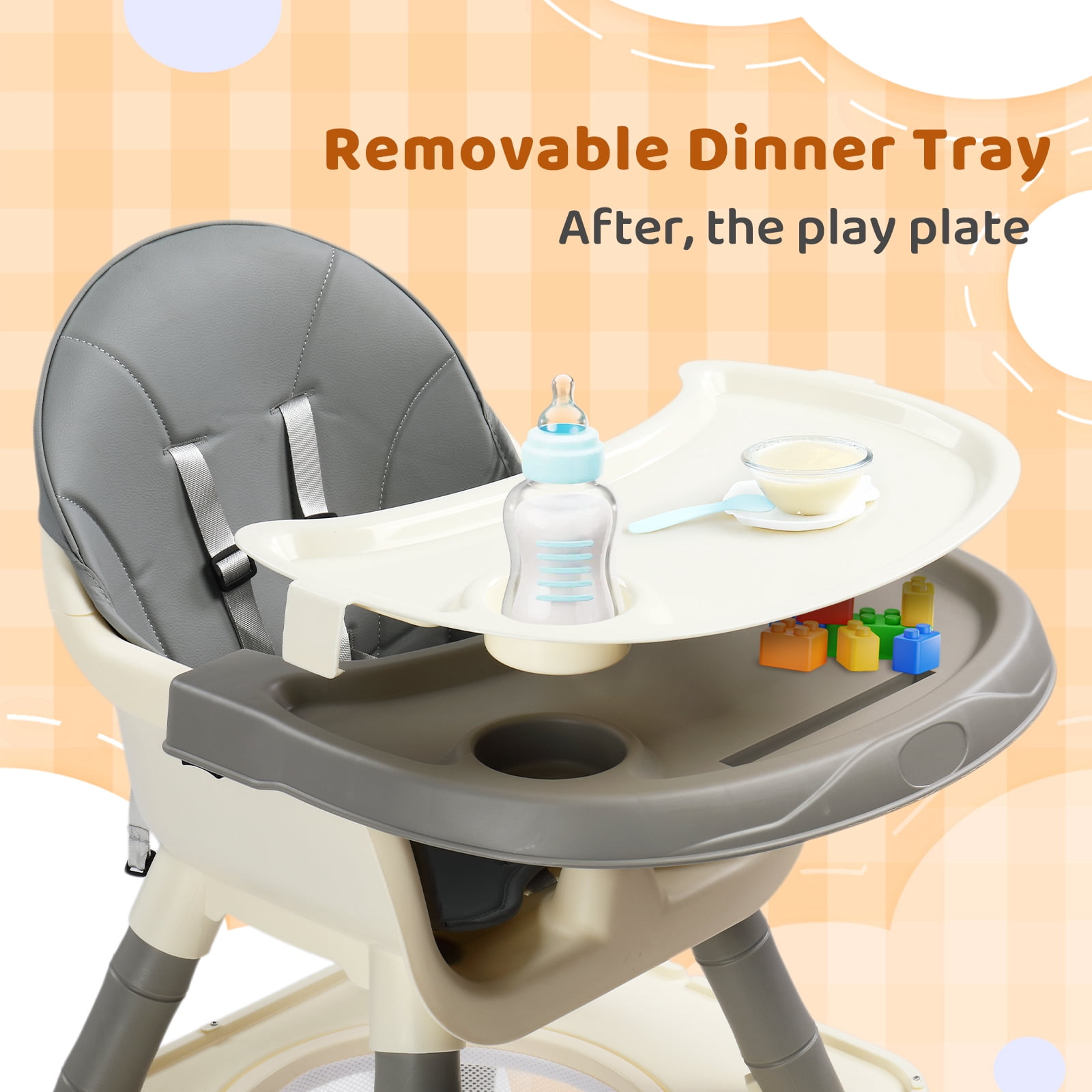 PEXMOR 7 in 1 Convertible Baby High Chair, Leather Cushion Eating Table Chair Set for Babies Toddlers, Gray