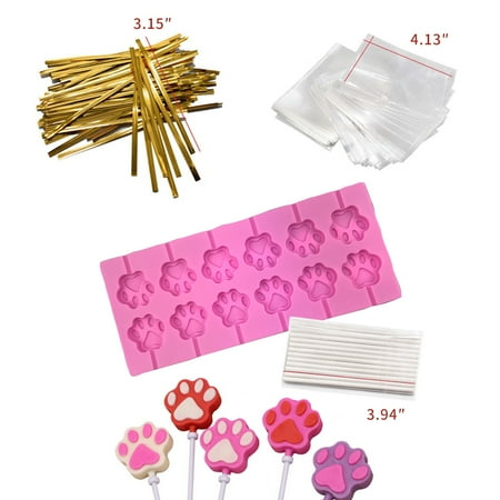 

HYCSC 12 Capacity Cat Paw Silicone Lollipop Mold Set Sucker Molds and Chocolate Hard Candy Mold with 50pcs Lollipop Sucker Sticks Candy Treat Bags Gold Ties. (Cat Paw )