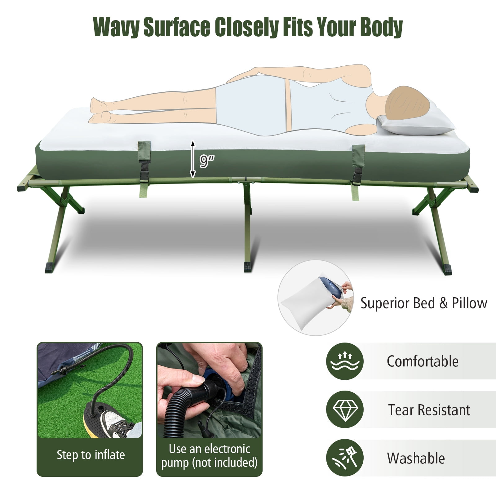 Patiojoy 1-Person Folding Camping Tent Cot Portable Pop-Up Tent w/Sleeping Bag & Air Mattress for Outdoor