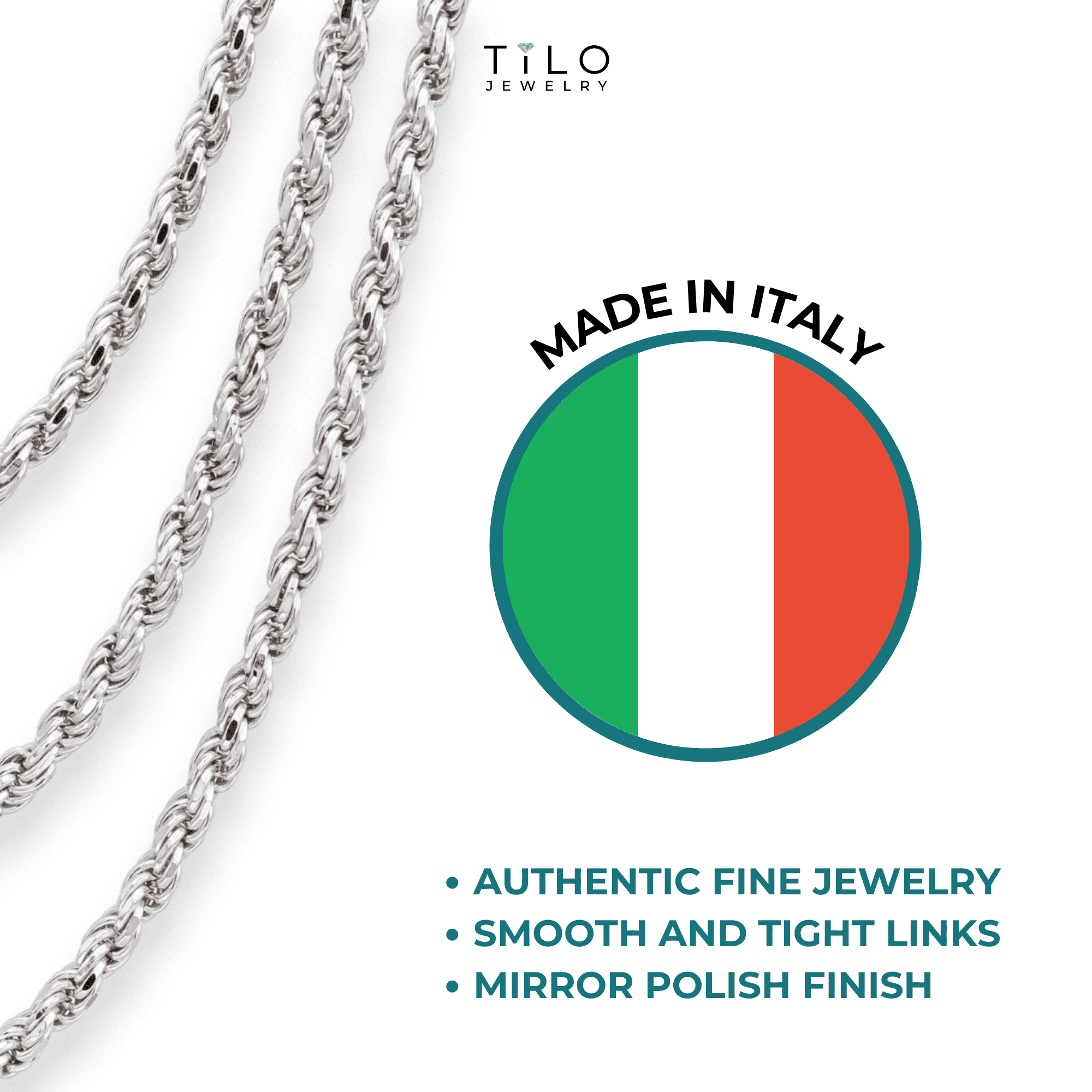 Tilo Jewelry Solid 925 Sterling Silver Rope Chain Necklace with Secure Lobster Lock | 1.75mm - 20 Inch | Everyday Necklace for Men, Women, Unisex