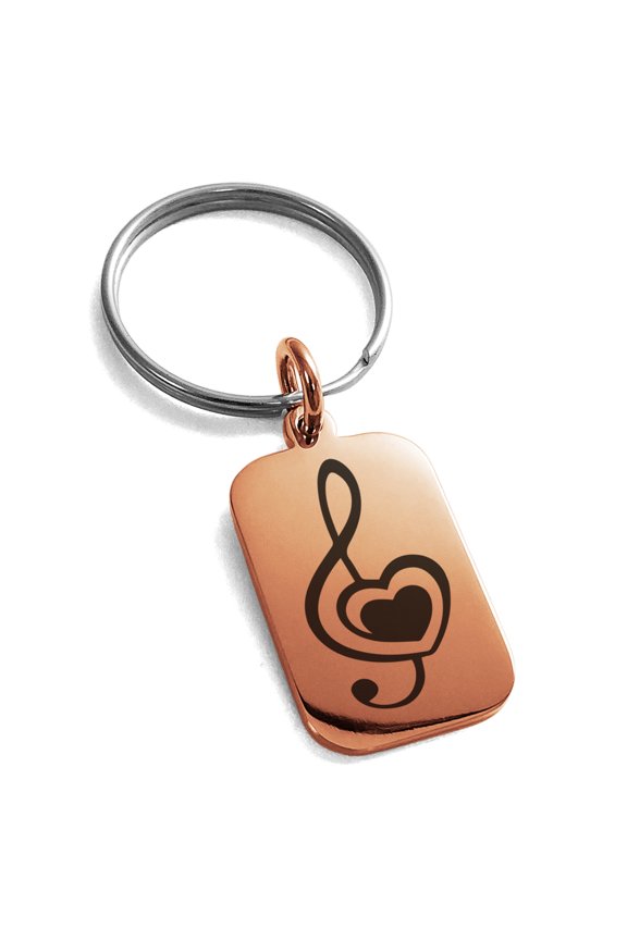 Stainless Steel Treble Clef Heart Engraved Small Rectangle Dog Tag Charm Keychain Keyring
