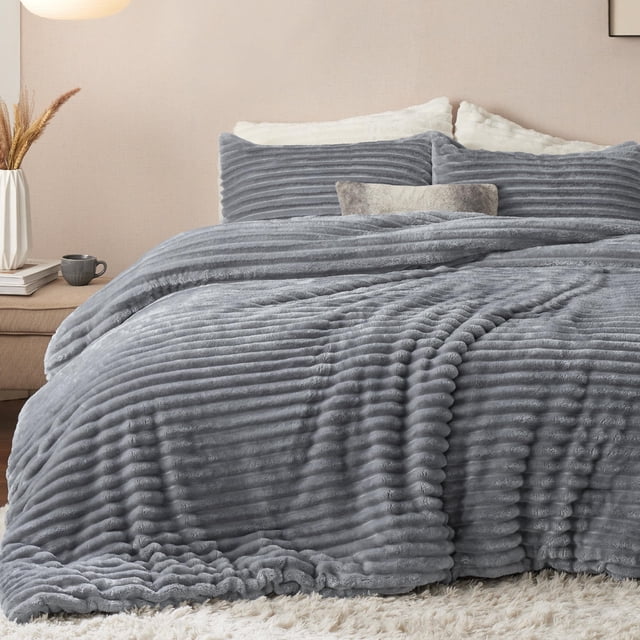 Juego de edredón Bedsure Fluffy King Size, piel sintética gris, 3 piezas