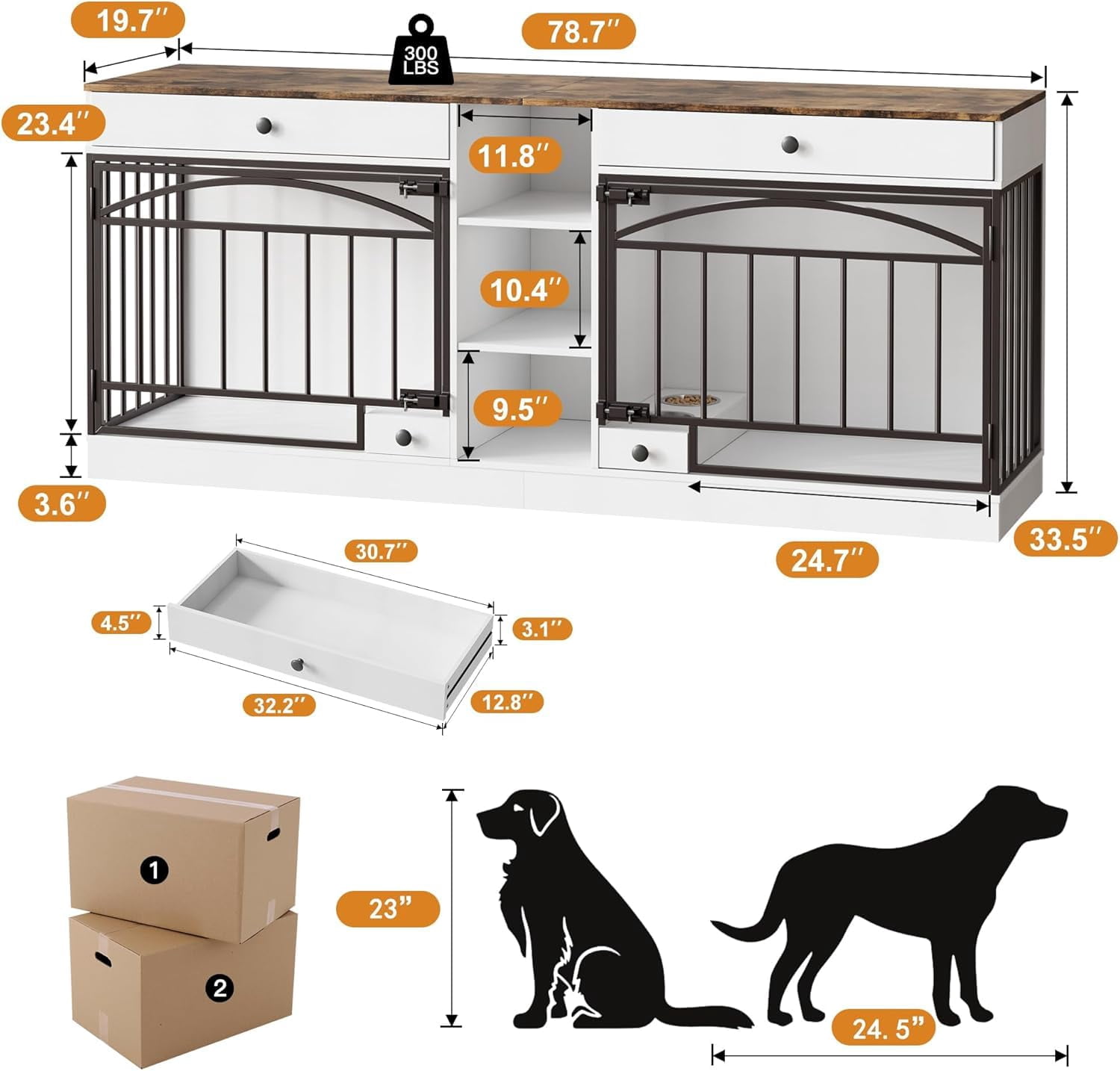 Accreate Dog Crate Furniture for 2 Dog, 78.7'' Large Dog Kennel Indoor with 2 Storage Drawers, 3 Shelves and Feeding Bowls, Double Dog Crate TV Stand for Small and Medium Dogs