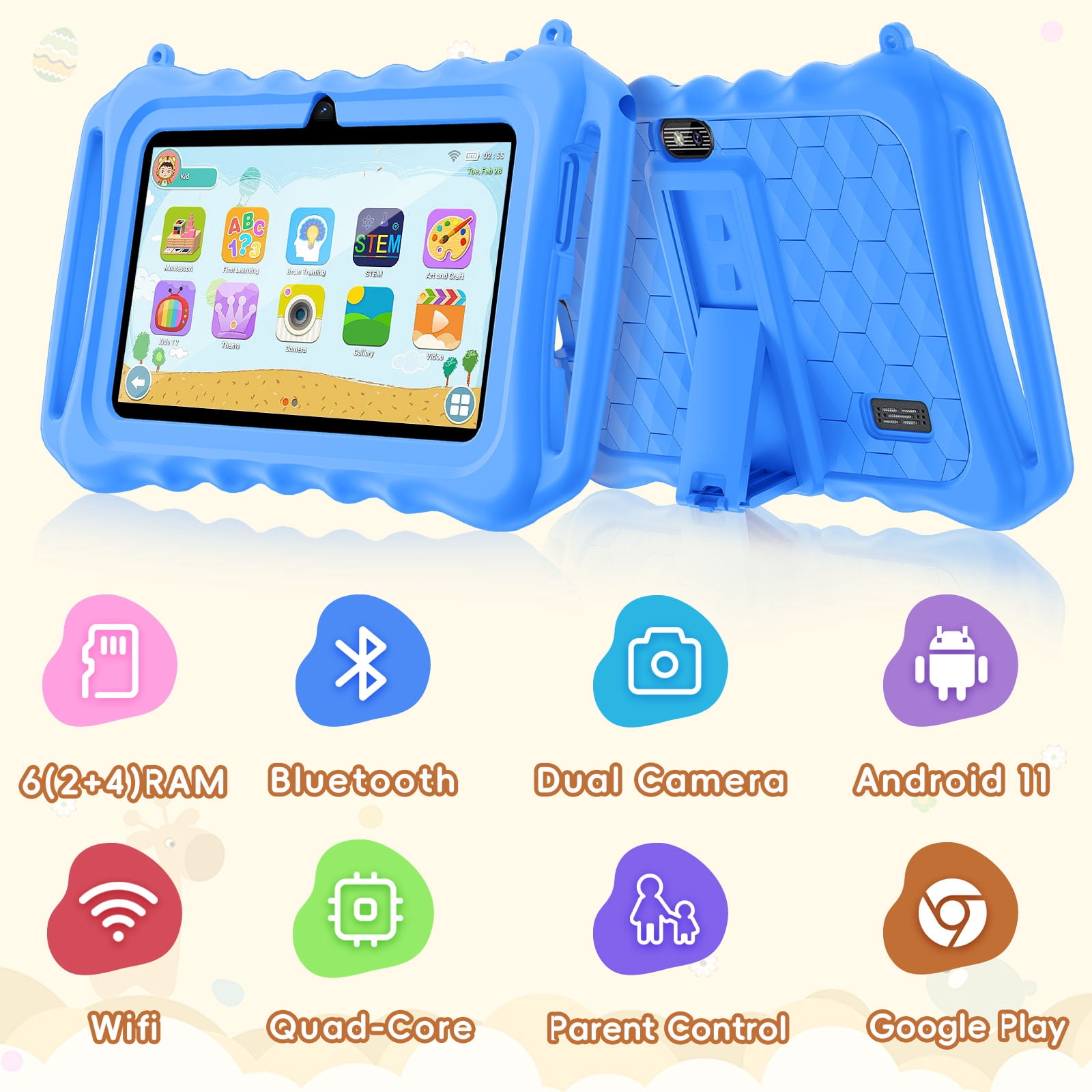 Kids Tablet, 7 inch Android 11 Tablet for Kids, 6(2+4) GB RAM 32GB ROM, Toddler Tablet with Bluetooth, GPS,WiFi,Parental Control, Dual Camera,Shockproof Case,Kids App Pre-Installed