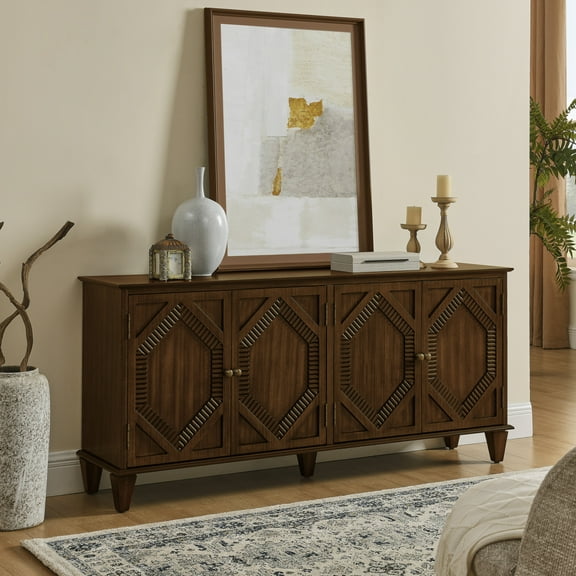 65" Sideboard Buffet Cabinet with Storage, Symmetrical Accent Wine Bar Storage Cabinet with Adjustable Shelf, Credenza Console Table for Dining Room, Walnut