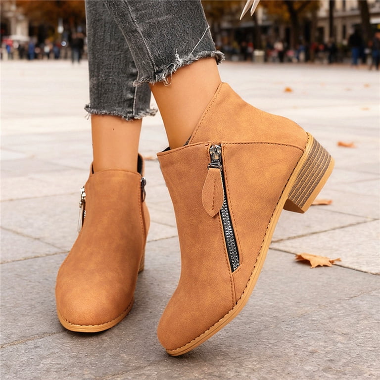 brown dress boots low heel Chenyee Women's Pointed Toe Suede Ankle Block V Cut Shoes with Side Zipper Lightweight Business Shoes Size 8.5 Flats and so on for women Womens Novo Brown Diablo Low