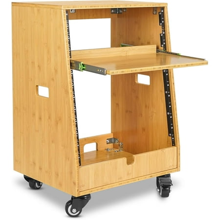 Sound Town DIY Solid Carbonized Bamboo Slanted 12U Studio Rack (4U Top + 8U Lower) with 2U Bottom Storage Slide-Out Tray Caster For Recording Room Home Studio (STBR-ST12T) - image 7