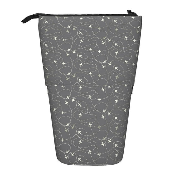 Xecao Airplane Routes Around The World Print Telescopic Pencil Bag Pen Holder Pop Up Stationery Case Stand-up Retractable Transformer Bag Standing Organizer