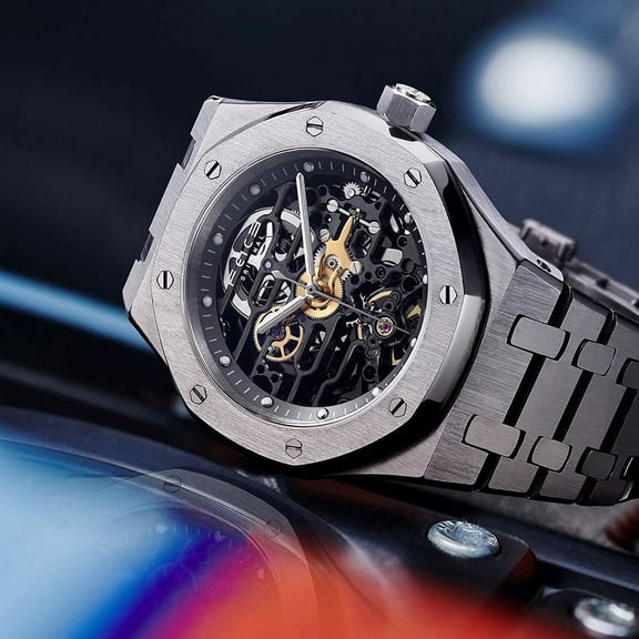 FEICE Men's Automatic Skeleton Watch, 42mm Stainless Steel Case, Sapphire Crystal, Waterproof, Anti-Shock Mechanical Wristwatch FM019HOT