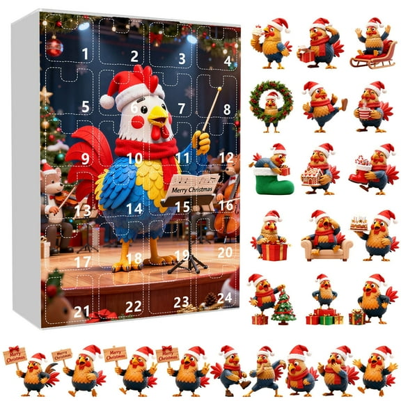 ToyKingdee Chicken Advent Calendar, Hanging Decorations for Xmas Tree, 24 Days ChristmasCountdown Toys with 24pcs Acrylic Chicken Ornaments Christmas Advent Calendar