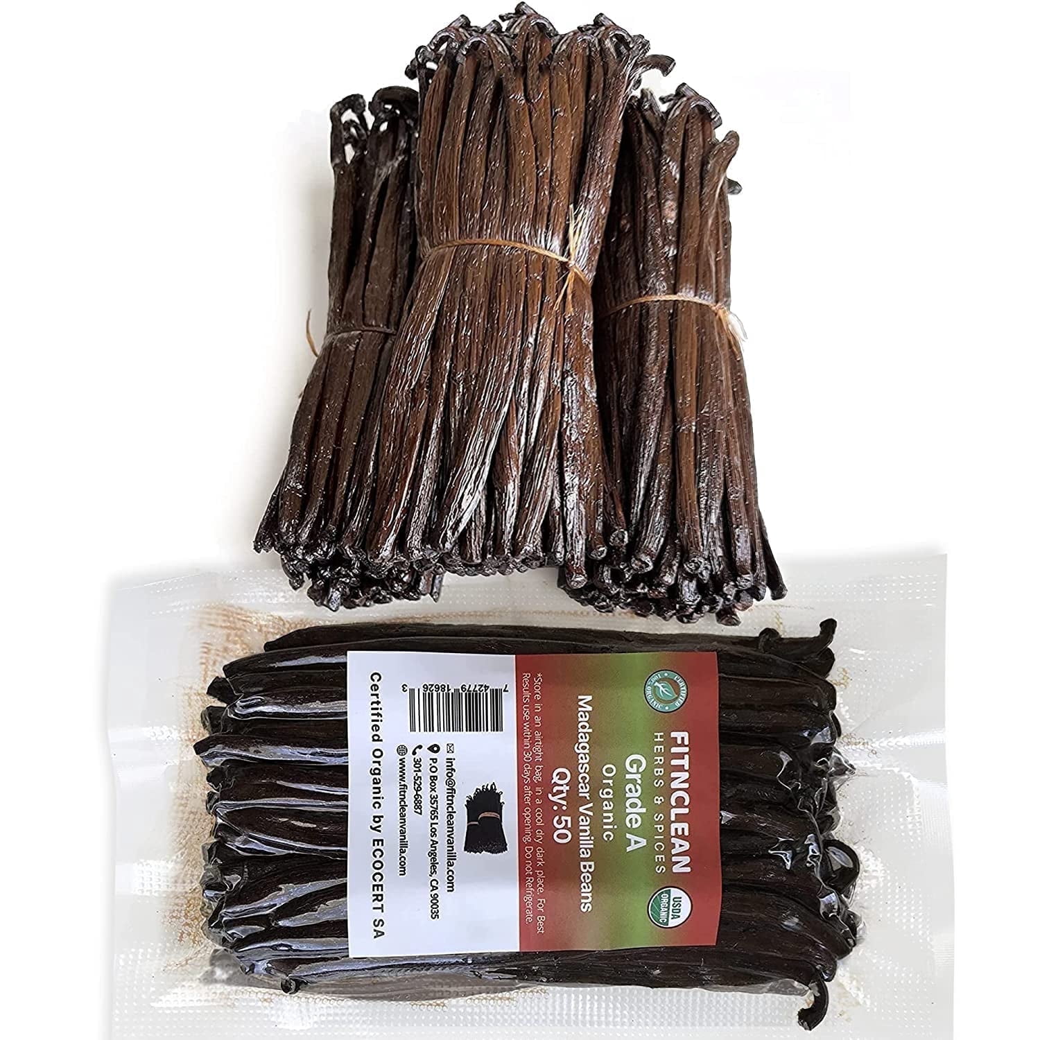 50 USDA Certified Organic  Madagascar Vanilla Beans Grade A. Non-GMO ~5" Fresh for Baking and Homemade Extract by FITNCLEAN VANILLA