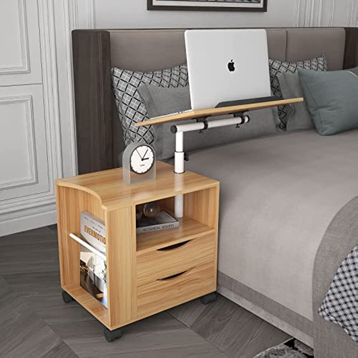 Multifunctional Bed Table, Overbed End Table with Height Adjustable