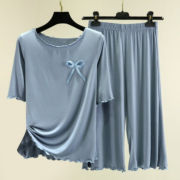 Jacenvly Pajamas for Women Soft Comfortable Holiday Pajamas for Women Summer Two Piece Suit Pajamas Without Marks Flounce Short Sleeved Round Neck Top/Shirt Set Home Clothing Light Blue