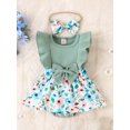 thumbnail image 3 of Baby Girls Romper Dress, Fly Sleeve Crew Neck Floral Romper with Bowknot Headband Baby Outfit, 3 of 10