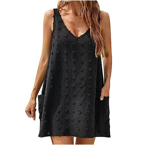 Ruimatai Women's Summer V Neck Strap Dress Beach Cover Up Casual Sleeveless Ruffle Skirt with Pockets for Vacation Party