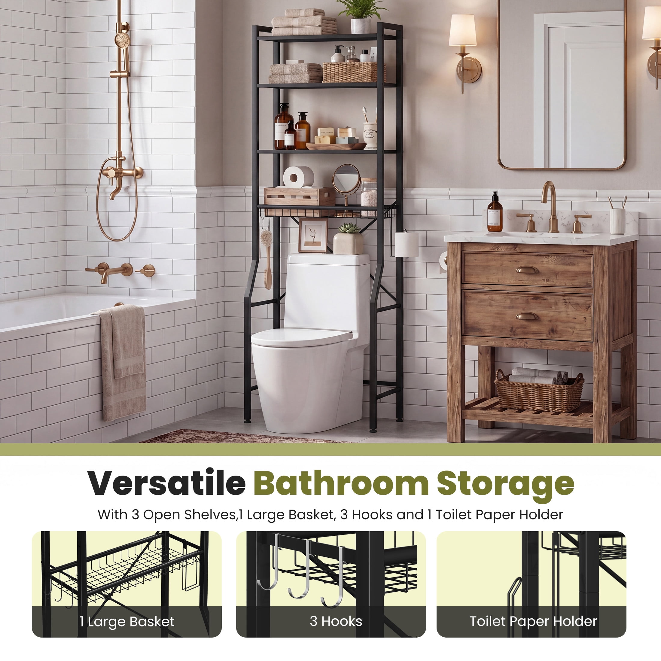 CONCETTA 4-Tier over the Toilet Bathroom Storage Rack, Adjustable Space Saver Organizer with Shelves, Basket & Hooks, Black