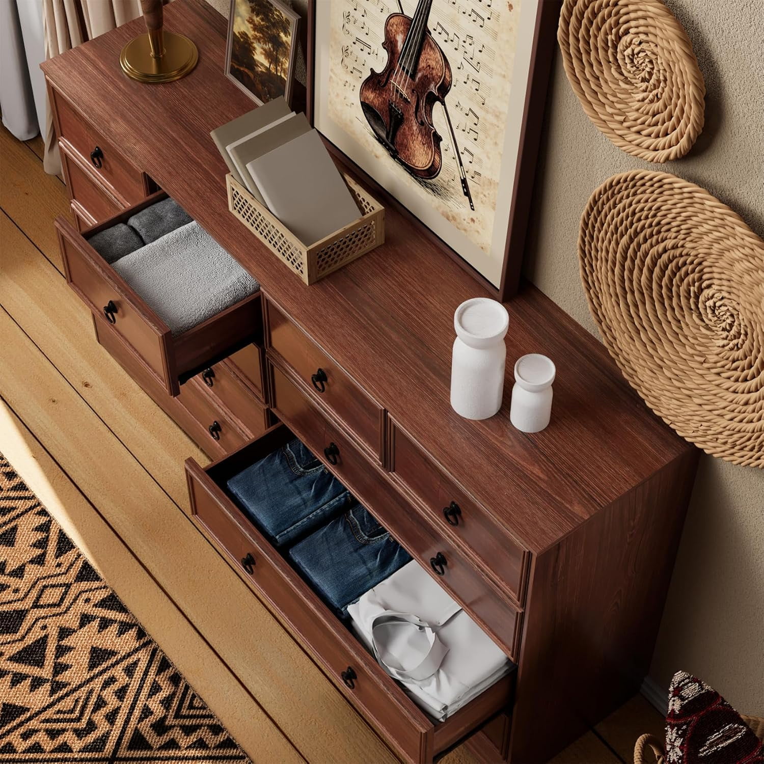 Meteorleg 10 Drawers Dresser for Bedroom, 55.2 Inch Wide Large Dressers & Chests of Drawers, TV Stand for 65 inch, Storage Organizer Furniture, Hallway, Entryway, Closet,Cherry