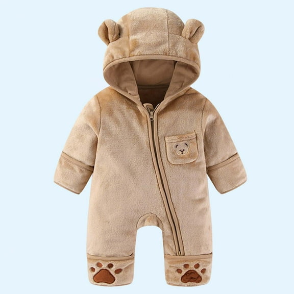Baby Boys Girls Winter Warm Fleece Lined Hooded Jumpsuit Romper with Bear Print Long Sleeve One Piece Outfit for Newborn Infant 0-12 Months