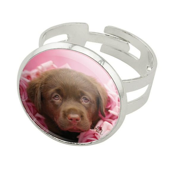 Chocolate Labrador Retriever Puppy Dog Pink Roses Silver Plated Adjustable Novelty Ring