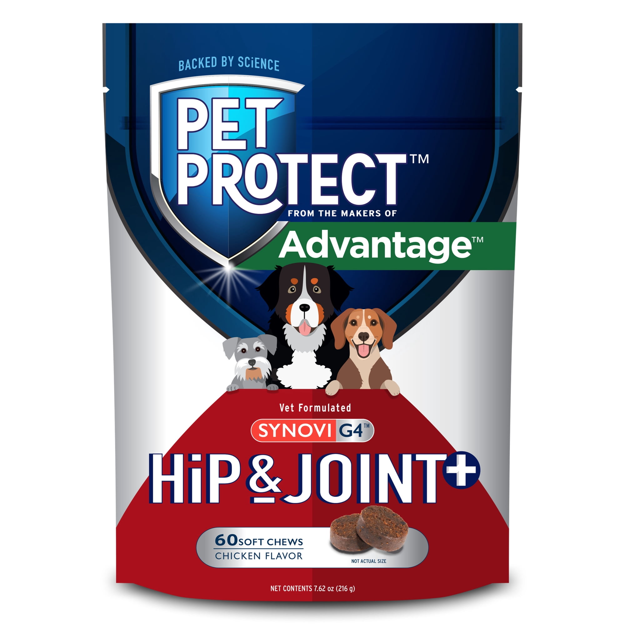 Pet Protect Dog Hip & Joint+ Supplement, Vet-Formulated Synovi G4, Chicken, 60 Soft Chews