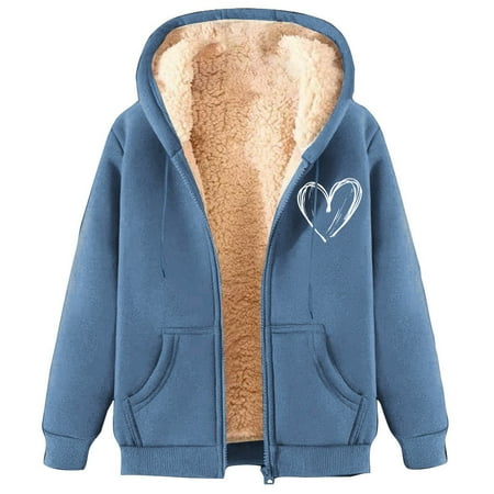 nerohusy Sherpa Jacket Women with Hood Thick Fleece Lined Zip up Y2k Sweatshirts Casual Love Heart Print Winter Warm Coats Navy L