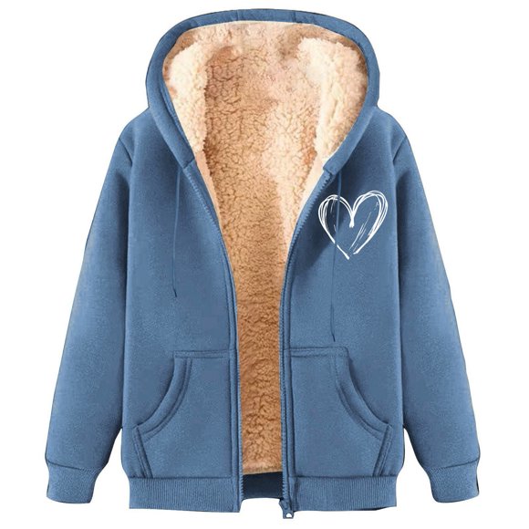 aohooy Fleece Coat for Women Thick Warm Outwear Love Heart Print Sherpa Fuzzy Lined Hoodie Zip up Sweatshirts Coats with Pockets 2025 Navy,XL