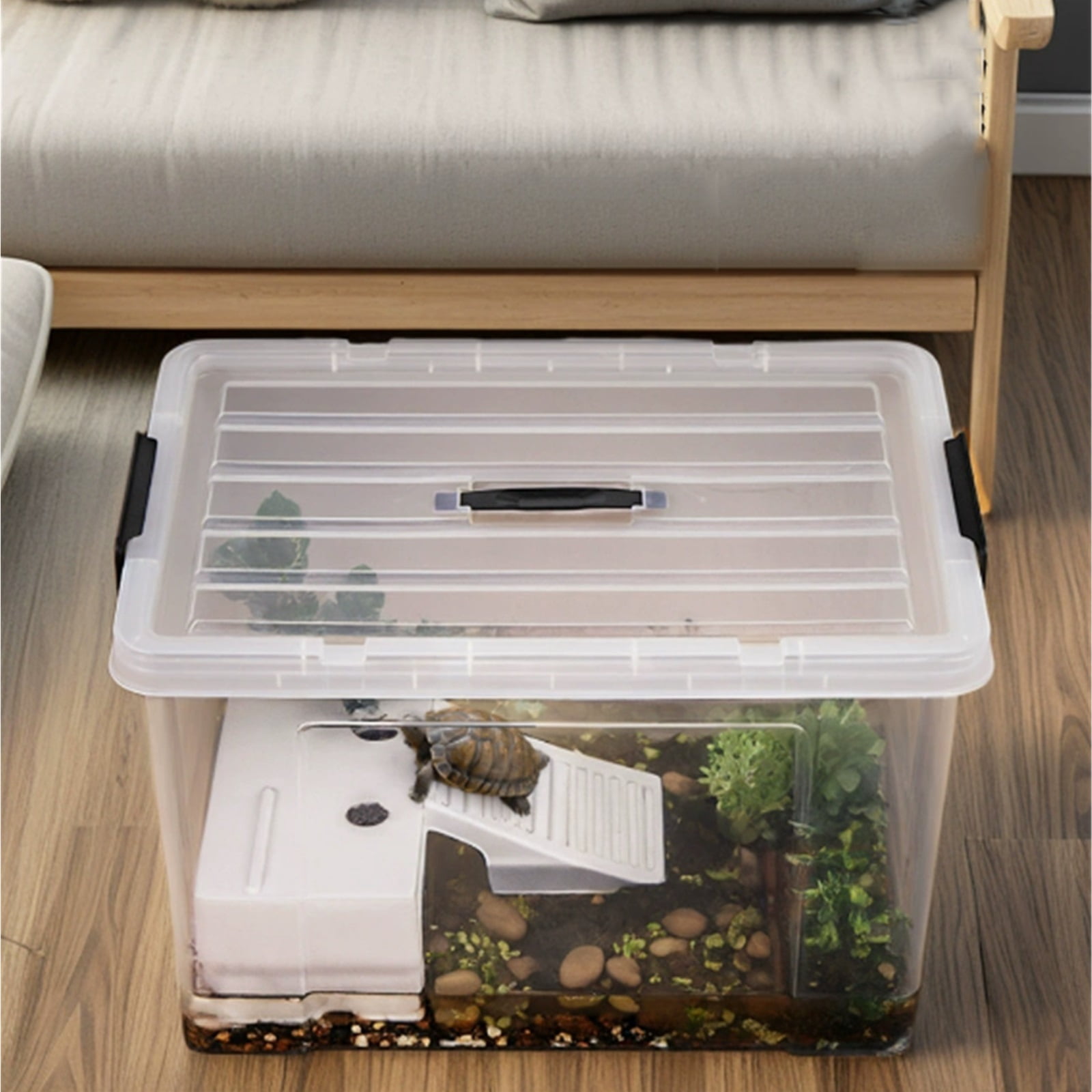 Turtle turnover box turtle feeding tank sun drying table, transparent tape cover