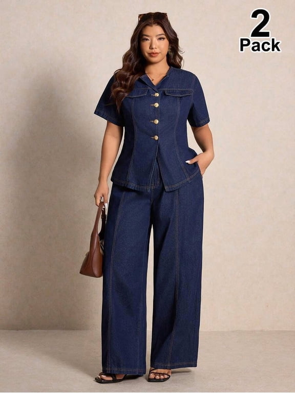 Plus Size Dark Wash Denim 2-Piece Set For Women, Short Sleeve Button Front