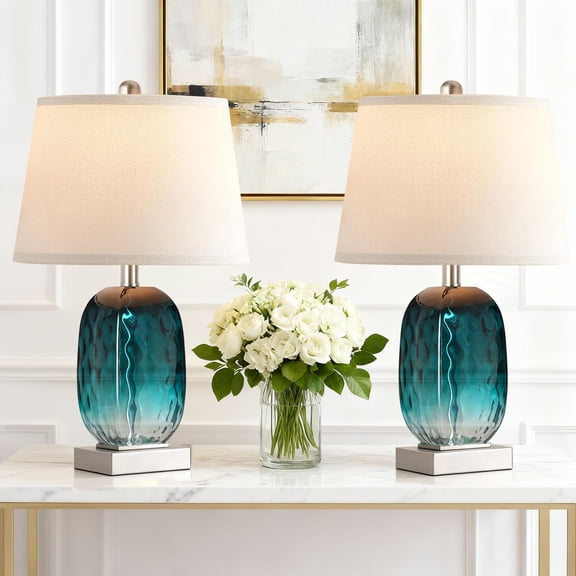 22" Modern Teal Blue Glass Table Lamp Set of 2 with USB A C Ports,Bedside Lamp with Touch Control , 3-Way Dimmable Bedroom Lamps,Bulbs Included