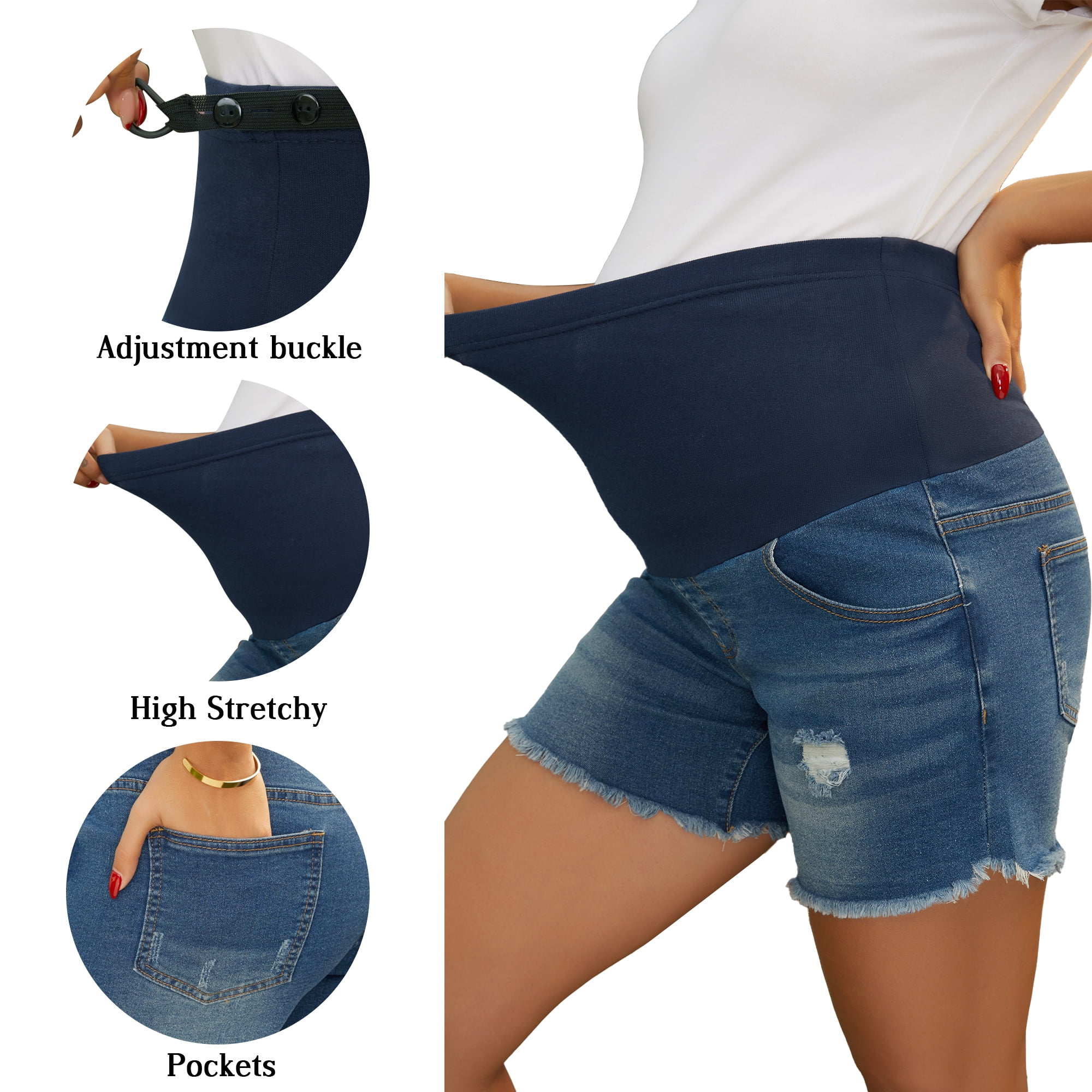 DARING DIVA Women's Maternity Denim Shorts Over Belly High Stretchy with Pockets M Blue