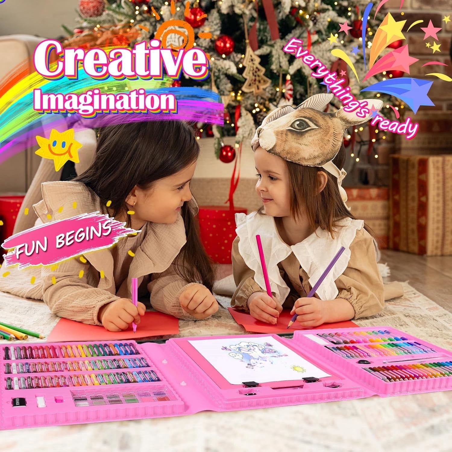 208 Pcs Art Supplies Kid's Drawing Art Kit Painting Art Set Crafts Case for Girls Boys Artist Gift Box with Trifold Easel, Includes Oil Pastels Crayons Colored Pencils Watercolor Pens Markers(Pink)