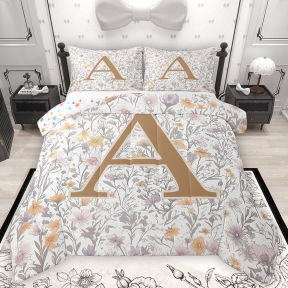 Homewish Letter A Monogrammed Bedding Comforter Set,Retro Rustic Flower Twin Comforter Sets,Countryside Plant Bedding Set For Child,Microfiber Room Decorative Reversible,2pcs