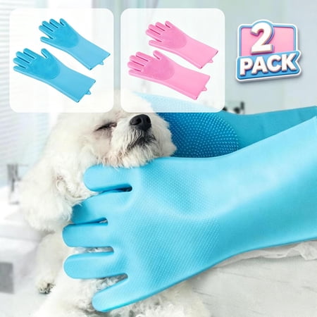 Qocolcyl Dog Bath Gloves 2 Pack Silicone Pet Grooming Gloves Massage Scrubber Deshedding Mitt Reusable Double Sided Pet Shower Gloves Soft Rubber Washing Tool for Dogs Cats Pet Bath Supplies Blue