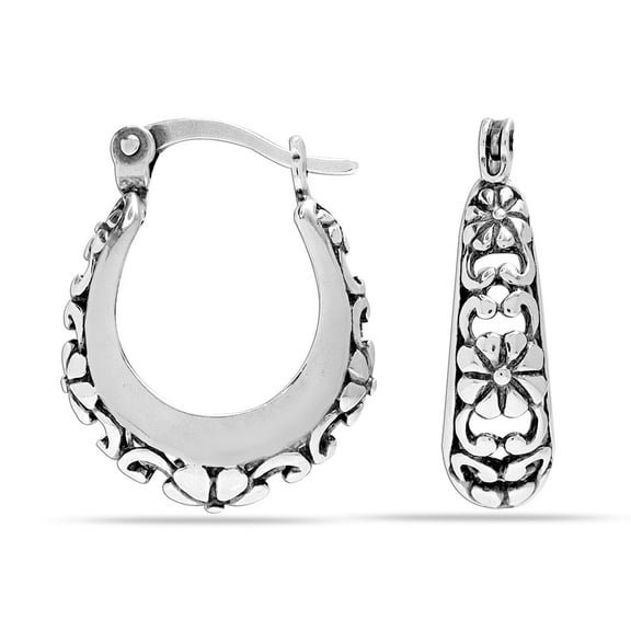 LeCalla 925 Sterling Silver Hypoallergenic Floral Design Click Top Oval Filigree Hoop Earrings Jewelry Gifts for Women and Teen 18MM