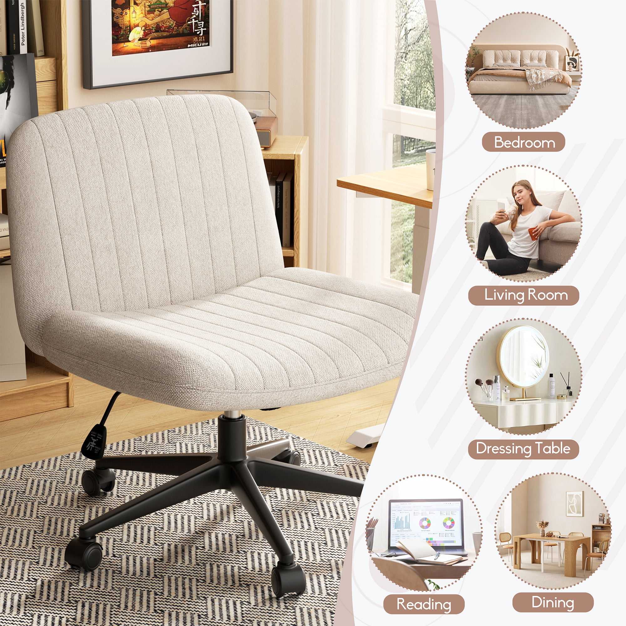Walsunny Armless Criss Cross Home Office Chair, Fabric Vanity Desk Chair with Wheels, Wide Seat Swivel Task Computer Chair, White