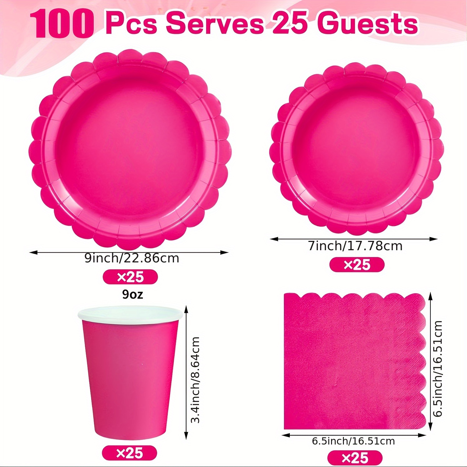 100pcs Rose Red Party Tableware Set for 25 Guests, Oil-proof and Leak-proof, Ideal for Birthday Parties, Gatherings and Picnics, Unique and Beautiful Pink Paper Plates and Hot Pink Party Decorations
