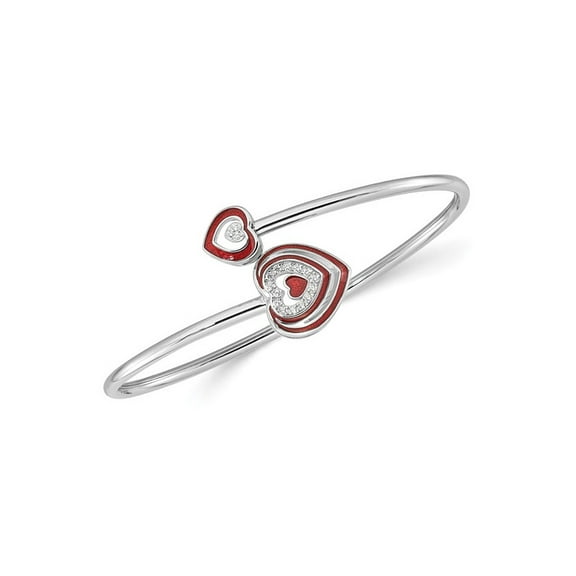 Sterling Silver Heart Flexible Cuff Bangle Bracelet with Red Enamel and Cubic Zirconia (CZ)s for Women
