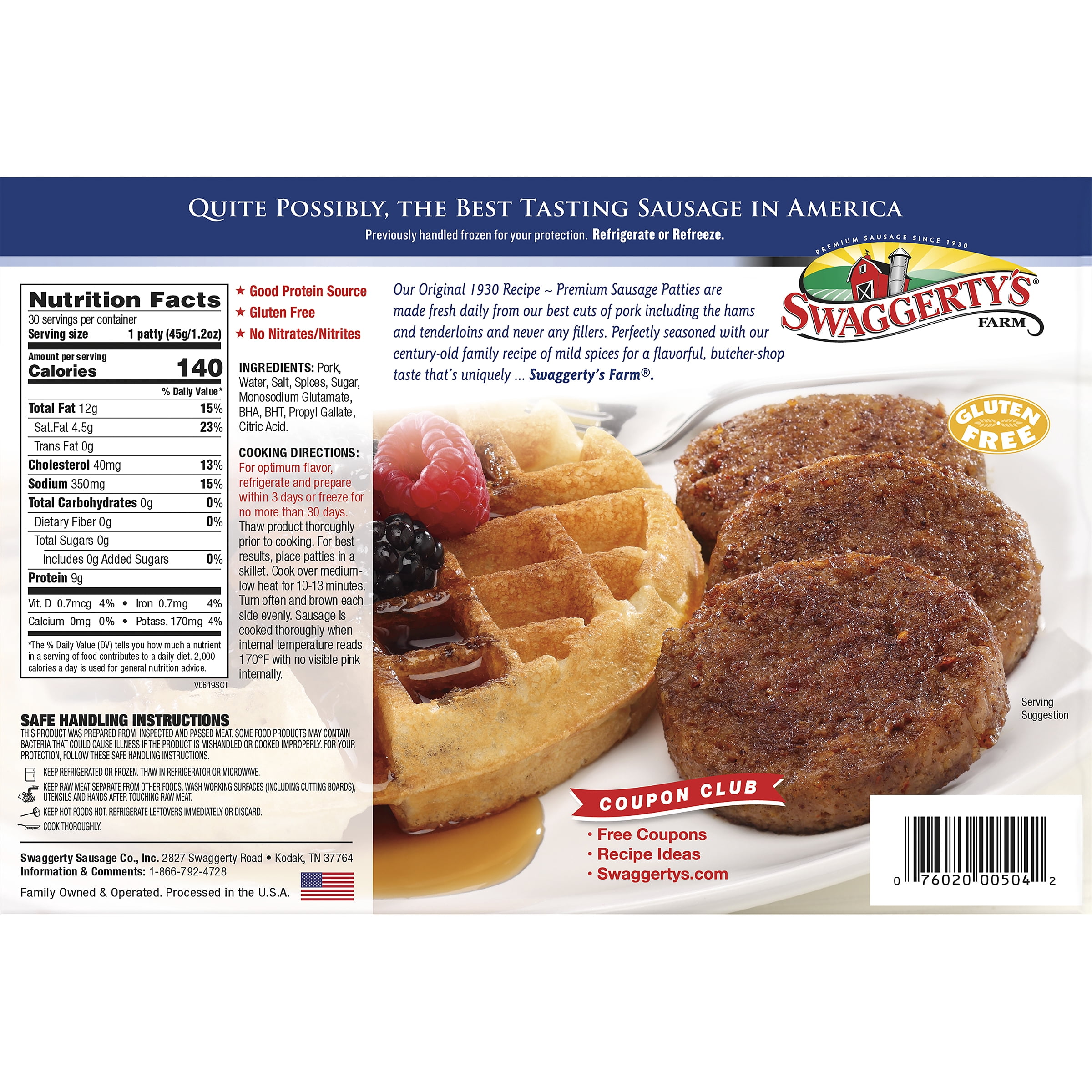 Swaggerty's Farm Mild Breakfast Sausage Patties, 45 oz, Cardboard Box, Raw