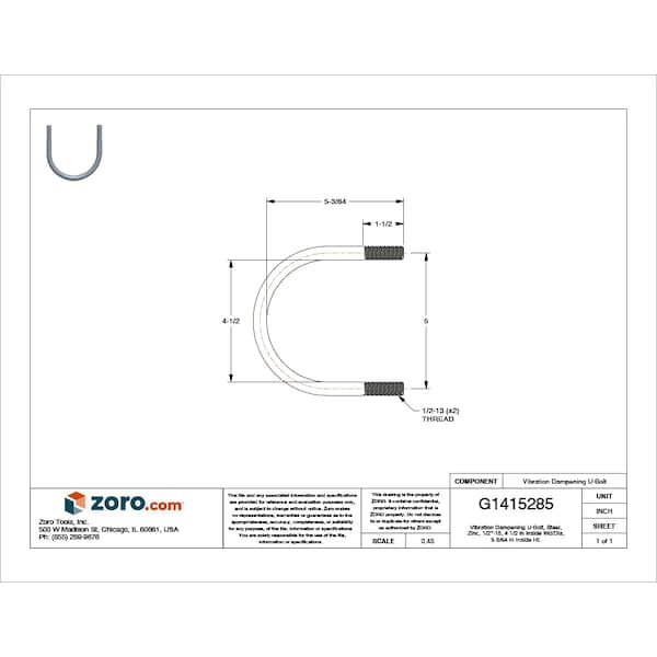Vibration-Dampening U-Bolt, 1/2"-13, 4 1/2 in W, 5 3/64 in H, Zinc Plated Steel UB3-1/2PA
